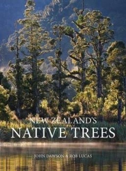 Image of the book New Zealand's Native Trees. It is a picture of tall native pine trees behind a lake.