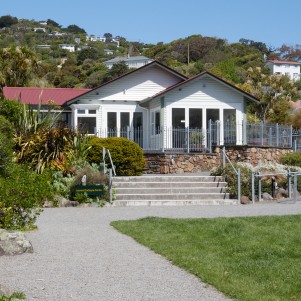 A white wooden house up wide steps with a gravel path and lawn in front. It is surrounded by plants  like hebe flowers and flax.