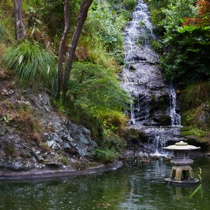 A small pond with a big waterfall surrounded by trees and shrubs cascading down into it. The pond has a stone lantern statue with a live flame.