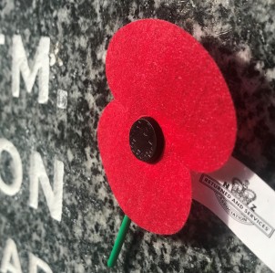 A close up image of a fabric poppy pin that is worn to commemorate ANZAC day. 